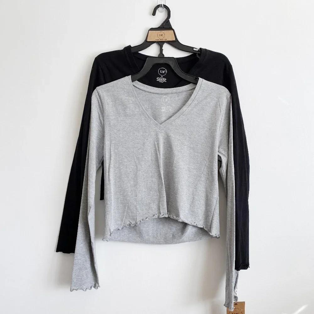 URBAN REBEL 2-Pack Women's V-Neck Long Sleeve Cropped Tee, Black Gray White